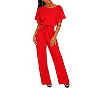 Onsoyours Monos de Vestir Mujer Elegante Manga Corta Talla Grande Mono De Pierna Recta con Traje con Cinturón Mono Largo Vendaje Traje Playsuit Elegante de Fiesta de Noche A Rojo S