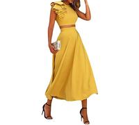 Onsoyours Mujer 2 Piezas Sexy Crop Top con Falda de Verano Boho Retro Falda Larga Maxi Falda Bohemia hasta el Suelo Playa A Amarillo L