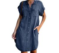 Onsoyours Mujer De Manga Corta Jeans Vestido Casual con Botones Vestidos Camisero de Denim para Mujer Vestidos Corto Vestido Vaquero Cortos de Manga Corta Suelto Jeans Vestido (M, 1 Azul)