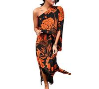 Onsoyours Vestido de Verano Informal para Mujer Boho con Estampado Floral Vestido Midi Elegante Vestido Largo de Playa A7 XL
