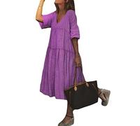 Onsoyours Vestido de Verano para Mujer Vestido de Lino para Verano Informal Cuello Redondo Manga Corta Estilo Boho Largo con Bolsillos con Cinturón E Violeta M