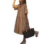 Onsoyours Vestido de Verano para Mujer Vestido de Lino para Verano Informal Cuello Redondo Manga Corta Estilo Boho Largo con Bolsillos con Cinturón E Caqui L