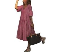 Onsoyours Vestido de Verano para Mujer Vestido de Lino para Verano Informal Cuello Redondo Manga Corta Estilo Boho Largo con Bolsillos con Cinturón E Rojo XXL