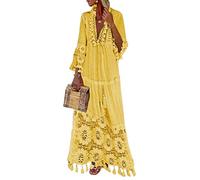 Onsoyours Vestido Largo para Mujer Vestido Encaje Floral Mangas 3/4 Vestido Playa Cuello En V Vestido Largo Fiesta Vintage Boho Vestido Z Amarillo 40