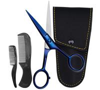 ONTAKI Tijeras profesionales de acero alemán para bigote, 12,7 cm, 2 peines, bolsa de transporte, recorte de bigote, borde biselado forjado a mano, kit de aseo facial de precisión para hombres (azul