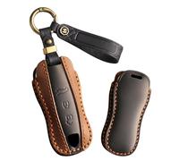 ontto Funda de cuero hecha a mano para llave de coche de dos tonos para Porsche 911 Carrera 918 Cayenne Coupe para Macan para Panamera Taycan 2018 en adelante, protección de 360 grados, marrón y negro