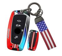 ontto Funda deportiva para llave de coche para BMW de 4 botones, con llavero de la bandera de Estados Unidos, marco de metal pintado, funda de silicona para llaves de serie 1, 2, 3, 4, 5, 6, 7, X3, X4