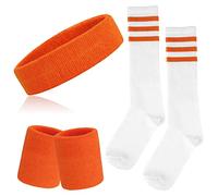 ONUPGO Juego de 5 bandas para el sudor y calcetines a rayas, bandas para el sudor, calcetines altos a rayas para hombres, mujeres, deportes y fiestas de los 80 (naranja)