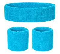ONUPGO Juego de bandas para el sudor para niños, banda atlética de algodón para deportes (1 diadema + 2 pulseras) (azul neón)