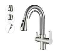 Onyzpily - Grifo de cocina (agua pura, grifo de cocina con extensible doble asa, agua potable fría y caliente, filtro de 3 vías, mezcladores de cocina, níquel cepillado