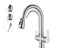 Onyzpily Grifo de cocina cromado: alcachofa extraíble, agua pura, giratorio 360°, 2 funciones de pulverización, arco alto