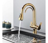 Onyzpily Grifo de cocina de 3 vías con ducha extensible, acero inoxidable dorado, grifo mezclador 3 en 1, grifo de agua potable, grifo de cocina para filtro de agua, grifo de cocina