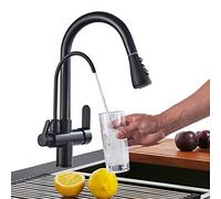 Onyzpily Grifo de cocina de agua pura negro grifo de cocina con mango doble extensible agua potable caliente y fría filtro de 3 vías