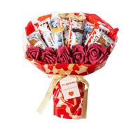 Onza Ramo de Chocolates para regalar. Chocolatinas Kinder Bueno, Schokobons, Happy Hippo, Kinder Mini, Cards. Incluye Rosas decorativas para Regalo de San Valentín Original, Regalos Pareja.