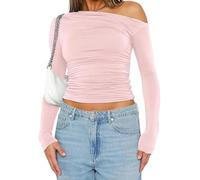 OOHOKAY Camiseta de manga larga para mujer, con hombros descubiertos, clásica, básica, Y2K, corte ajustado, parte superior, informal, hombros, Pink-j, XL