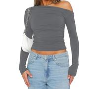 OOHOKAY Camiseta de manga larga para mujer, con hombros descubiertos, clásica, básica, Y2K, corte ajustado, parte superior, informal, hombros, Gris-j, XL