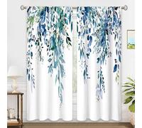 oolygoo - Cortinas de ventana con hojas botánicas de eucalipto verde azulado, acuarela azul, turquesa, flores, plantas silvestres, cortinas de granja, 132 x 213 cm