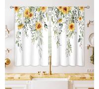 oolygoo - Cortinas de ventana de cocina con diseño de hojas botánicas de eucalipto, girasoles amarillos, cortinas cortas para ventanas pequeñas, color verde salvia, café, 66 x 91 cm