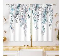 oolygoo - Cortinas de ventana de cocina con hojas botánicas de eucalipto azul y gris, para cocina, cocina, granja, hojas pequeñas, café, 66 x 76 cm