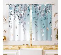 oolygoo - Cortinas de ventana de cocina con hojas botánicas de eucalipto, diseño floral, mariposa, granja, hojas pequeñas, color azul y gris, 66 x 91 cm