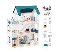 OOOK Casa de muñecas de madera con ascensor elevable, casa de muñecas grande a partir de 3 años, casa de muñecas para niñas, incluye 21 muebles, 4 muñecas familiares y un perro