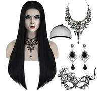 oosheon Peluca Miércoles, Peluca Larga Negra con Collar Gótico, Pendientes y Máscara Encaje, Pelucas Mujer Halloween, Disfraz de Miercoles Niña Mujer, para Carnaval Halloween Cosplay