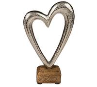 ootb Corazón de Metal sobre Base de Madera, Plata, 17 cm