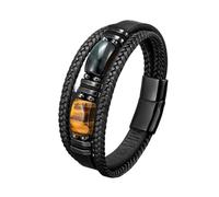 OOTMAO Pulsera de cuero de piedra natural para hombres y mujeres, hecha a mano, ajustable, joyería de cuentas bohemias, talla única, 23 cm, tigre amarillo y azul, Ágata