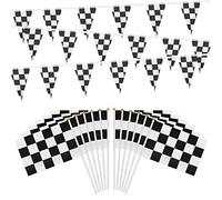 OOTSR 30 Piezas de Banderas de Carrera a Cuadros con Palos de Plástico y 32 Pies de Pancartas Banderas Banderines a Cuadros para Fiesta Temática de Carrera de Cumpleaños Eventos de Deporte