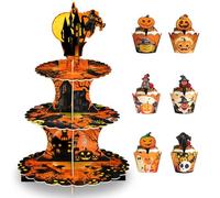 OOTSR Soporte para Tartas de Cartón Halloween de 3 Pisos, Torre de Pasteles con 12 Envoltorios y 12 Toppers, Decoraciones para Cupcakes Postre Fiestas Halloween