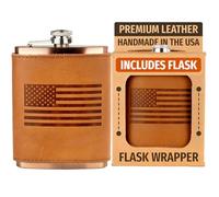 Oowee Products | Frasco envuelto en piel con bandera americana | Juego de caja | Viene con un frasco chapado en cobre de 8 onzas | Cuero auténtico | Fabricado en los Estados Unidos