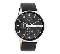 Oozoo Timepieces Reloj de pulsera para hombre con correa de piel, bonito reloj para hombre, elegante reloj analógico para hombre (caja de 45 mm) en redondo, negro/plateado