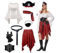 OPAEHJF 9 piezas de disfraz de pirata para mujer, disfraz de Halloween, mono, vestido, camiseta, bandana, corsé, cinturón de cintura, tapa para los ojos, vestido de corsario de la era renacentista