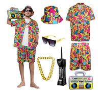 OPAEHJF Disfraz de los años 80 y 90 para hombre, 7 unidades, estilo retro de los años 80 y 90, con cadena dorada, gafas de sol, ropa deportiva para carnaval, discoteca, fiesta, rojo, L