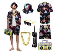 OPAEHJF Disfraz de los años 80 y 90 para hombre, 7 unidades, estilo retro de los años 80 y 90, con cadena dorada, gafas de sol, ropa deportiva para carnaval, discoteca, fiesta, Negro , L