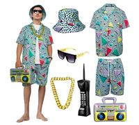 OPAEHJF Disfraz de los años 80 y 90 para hombre, set de 7 piezas de ropa retro de los años 80 y 90 con camisas, pantalones cortos y cadena dorada, gafas de sol, ropa deportiva de moda para fiesta de