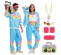 OPAEHJF Disfraz de los años 80 y 90 para hombre y mujer, chándal retro de los años 80, chaqueta y pantalones, traje con cadena dorada, radio inflable para carnaval (azul, XS)