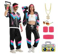 OPAEHJF Disfraz de los años 80 y 90 para hombre y mujer, chándal retro de los años 80, chaqueta y pantalones, traje con cadena dorada, radio inflable para carnaval (negro, XS)