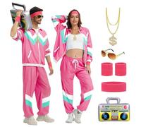 OPAEHJF Disfraz de los años 80 y 90 para hombre y mujer, chándal retro de los años 80, chaqueta y pantalones, traje con cadena dorada, radio inflable para carnaval (rosa, XS)