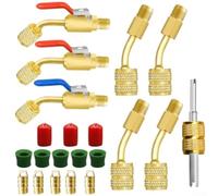Opatiny Kit de adaptador HVAC de latón compatible con R410A de 21 piezas | Incluye 3 válvulas de bola de ángulo, agarre moleteado profundo, pomos codificados por colores, fácil control de flujo manual
