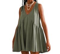 OPCAKM Vestido corto sin mangas con cuello en V para mujer, holgado, plisado, con vuelo, gris/verde , M