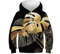 OPCALIS 3D Printed Niños Y Niñas Golden Leaf Hoodie Sudadera con Capucha PulAmorr Manga Larga Casual Mit Bolsillo 12-14Y