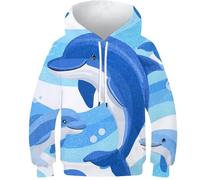 OPCALIS Hoodie Delfín Kids Sudadera con Capucha Marsopa 3D Printed Pullover Manga Larga Casual Mit Pockets 12-14Y