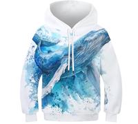 OPCALIS Unisex Hoodie Pullover Manga Larga Sudadera Ballena Azul 3D Printed Marino con Bolsillo para Niños Teen Niña Niño Casual 13-15Y