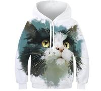 OPCALIS Unisex Hoodie Pullover Manga Larga Sudadera Gato 3D Printed Gatito con Bolsillo para Niños Teen Niña Niño Casual 12-14Y