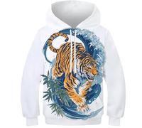 OPCALIS Unisex Hoodie Pullover Manga Larga Sudadera Tigre 3D Printed Big Gato con Bolsillo para Niños Teen Niña Niño Casual 12-14Y