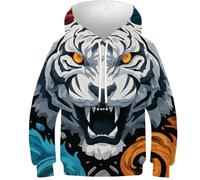 OPCALIS Unisex Hoodie Pullover Manga Larga Sudadera Tigre 3D Printed Big Gato con Bolsillo para Niños Teen Niña Niño Casual 13-15Y