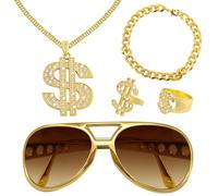 OPEIXSAYKOC 5 pcs Kit de Disfraces de Hip Hop,Signo de Dólar Gafas,Anillo Dolar,Collares Dorado,Hip Hop 90's 80's Rapero Accesorios,Kit de Disfraces,Hip Hop Collar Anillo y Pulsera con Signo de Dólar