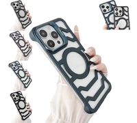 Open-Frame Carbon Fiber for iPhone Case with Camera Holder, Enhanced Airflow and Magnetic Compatibility, Carbon Fiber for iPhone Case for iPhone 16/15/14/13/12 Series (13/14,Blue)