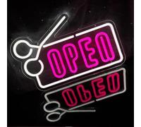 Open Light Sign Salon de peluquería ventana delantera decoración tijera forma led luz salón peluquería decoración de la pared regalo para el estilista peluqueroUSB alimentado y Dimmable (rosa+blanco)